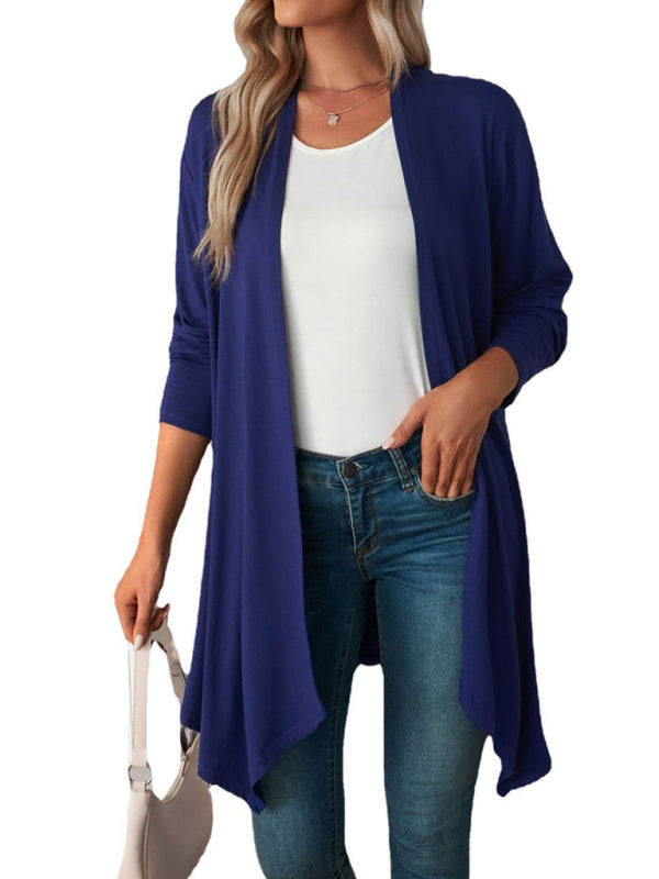 Swing collar long sleeve coat long tops women knitted cardigan