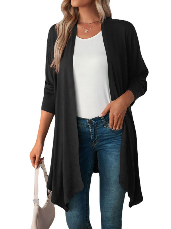 Swing collar long sleeve coat long tops women knitted cardigan