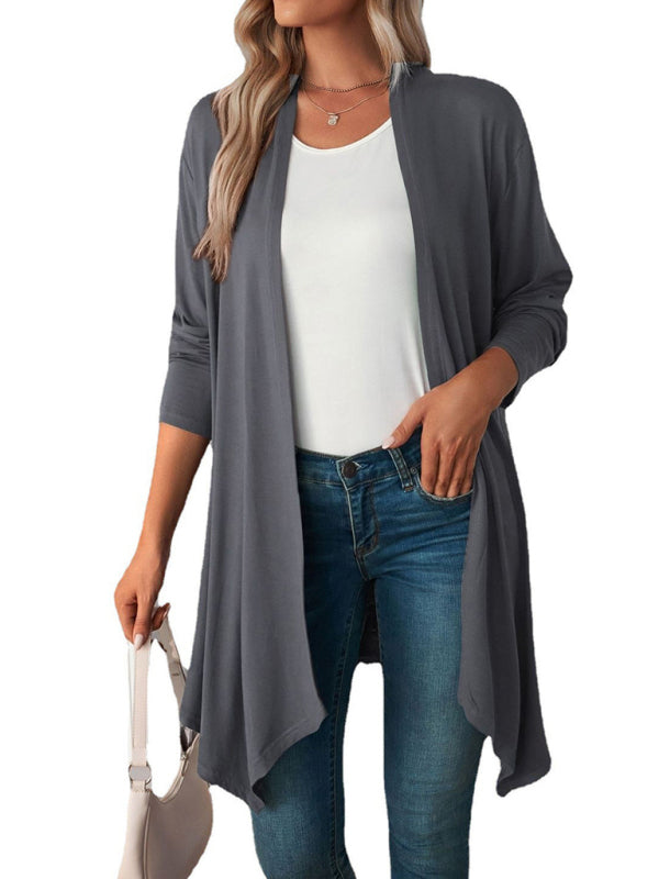 Swing collar long sleeve coat long tops women knitted cardigan