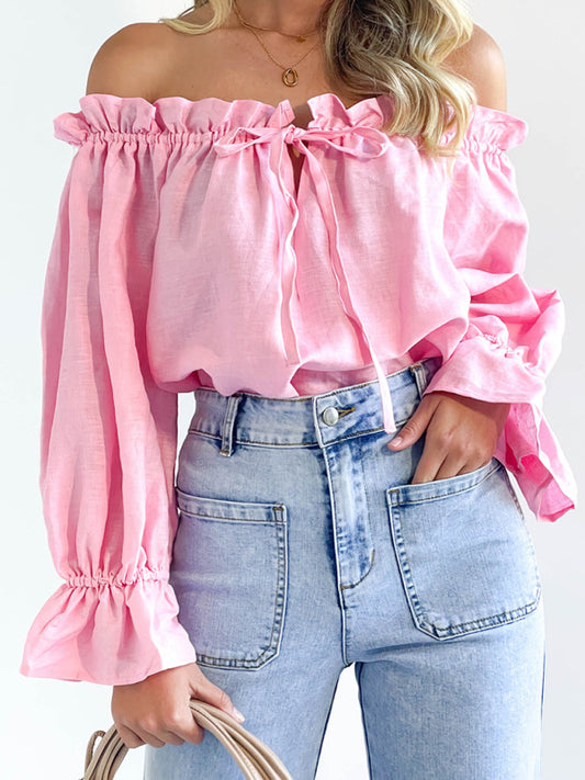 Elegant Bandage Loose Casual One Shoulder Balloon Sleeve Top