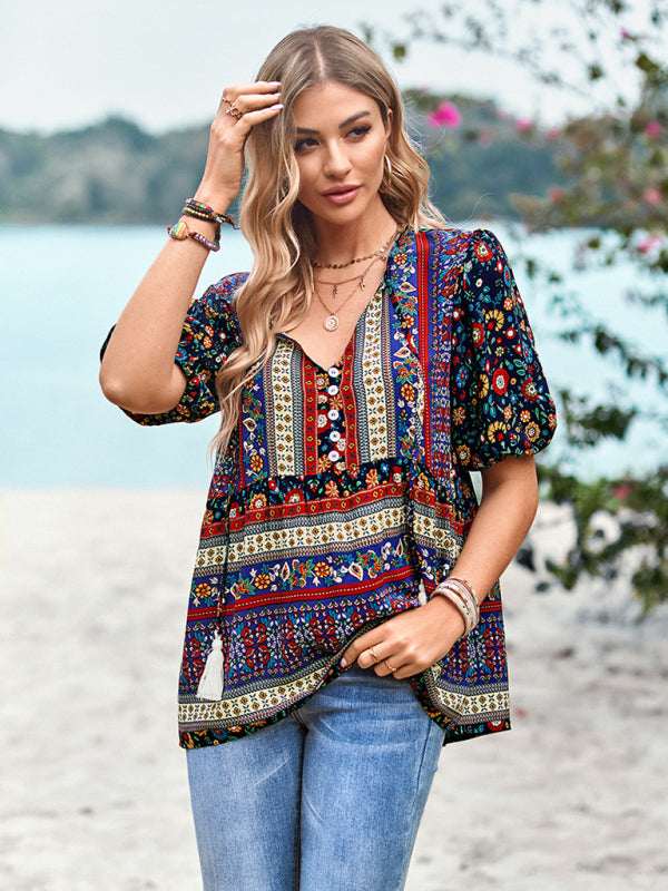 New Ladies Casual Bohemian Printed Shirt Top