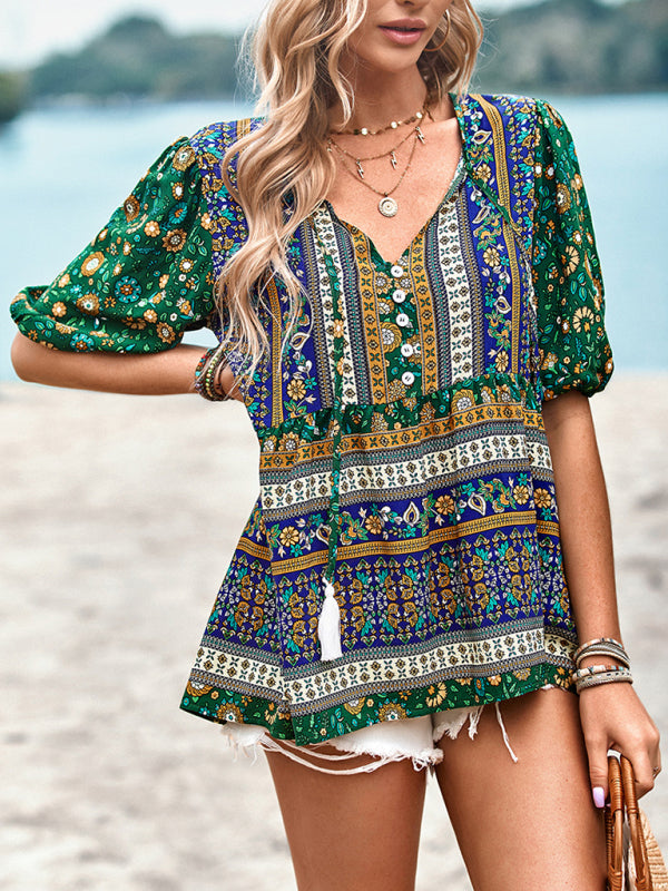 New Ladies Casual Bohemian Printed Shirt Top