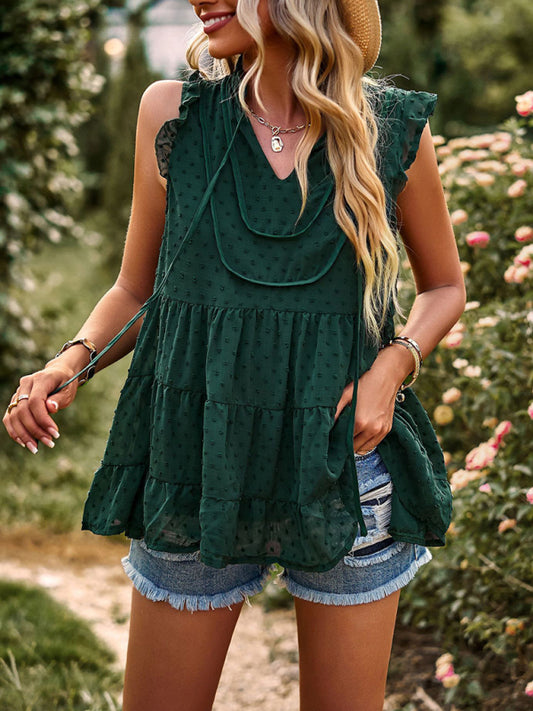 V-neck loose top with flying sleeves casual vacation blouse