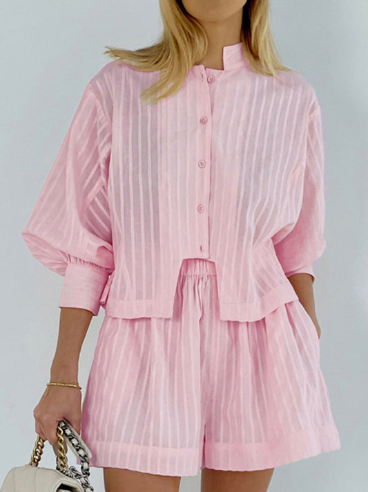 Women's Jacquard Striped Button Shirt & Trousers 2 Piece Set
