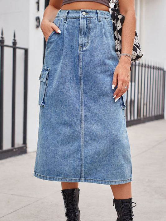 New all-match slimming tooling washed denim skirt mid-length skirt