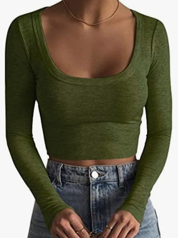 Low round neck long-sleeved ultra-short slim fit Top