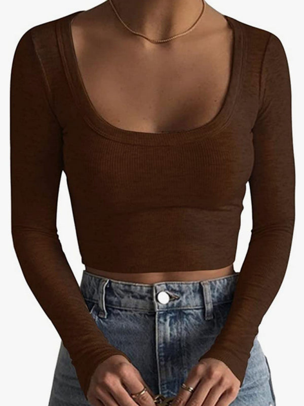 Low round neck long-sleeved ultra-short slim fit Top