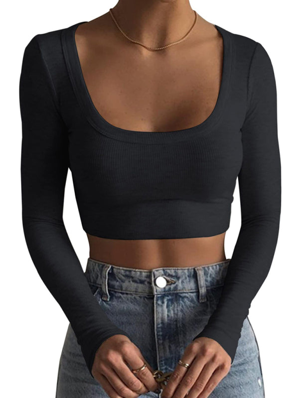 Low round neck long-sleeved ultra-short slim fit Top
