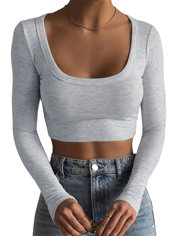 Low round neck long-sleeved ultra-short slim fit Top