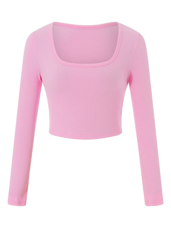 Low round neck long-sleeved ultra-short slim fit Top