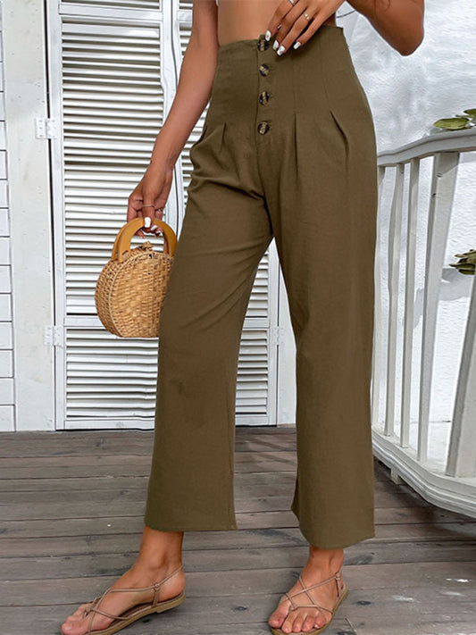 Nine-point High-waisted Cotton & Linen Slim-fit Flared Pants