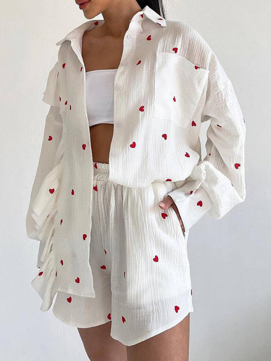 Ruffle Heart Printed Shirt & Shorts Set