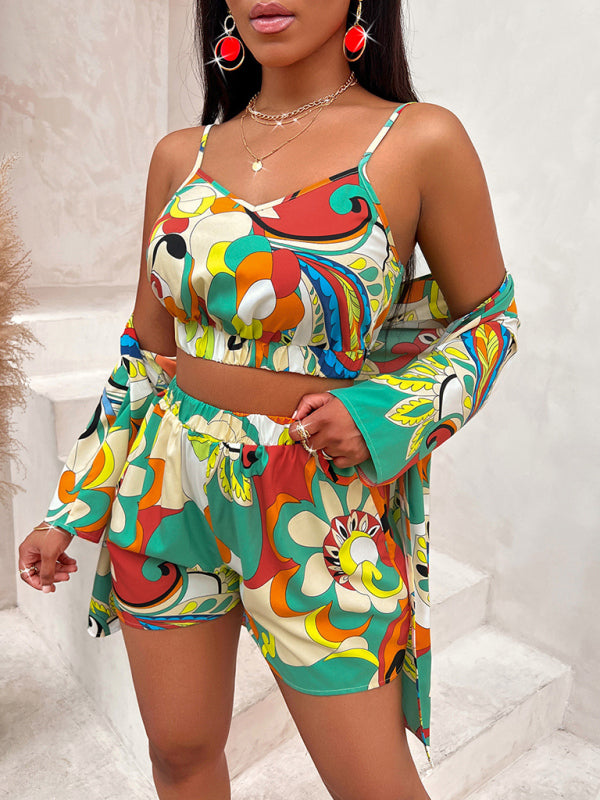 Printed Waist-Cinching Versatile Top Three-Piece Set