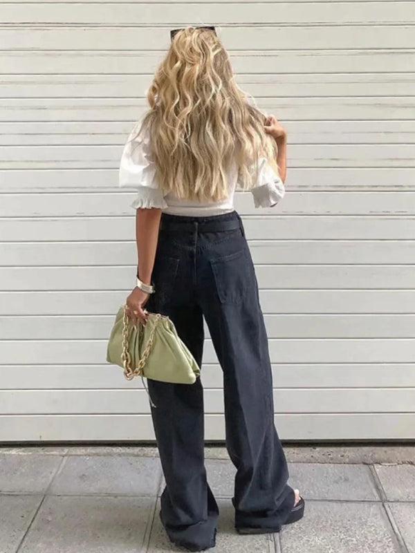 New high-waist floor-length loose slimming straight wide-leg jeans