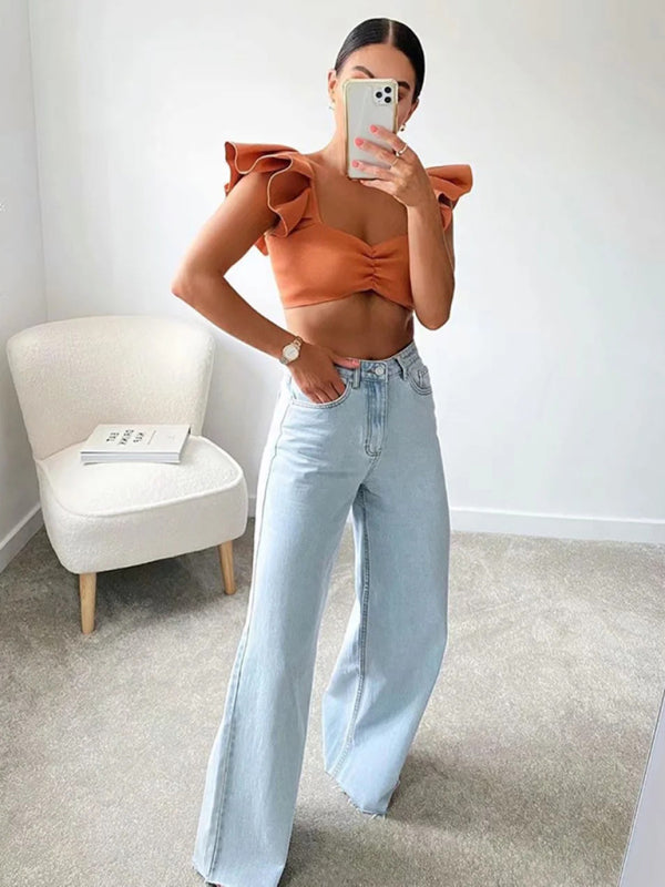 New high-waist floor-length loose slimming straight wide-leg jeans