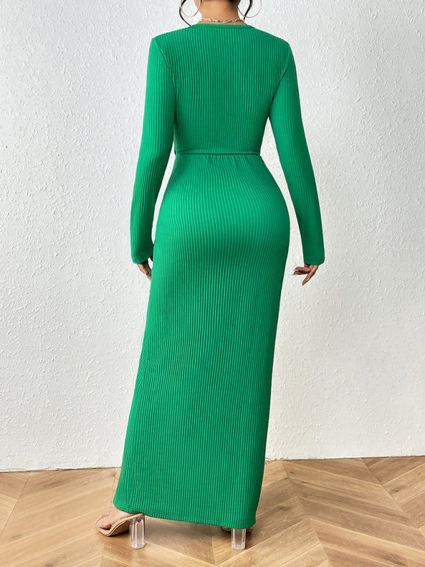 Long Sleeve Hollow waist Top with Side Split Maxi Skirt