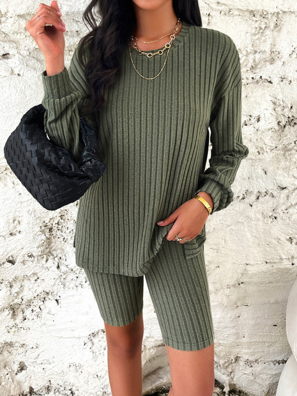 Casual Long Sleeve Top + Mid Length Tights - Olive Green