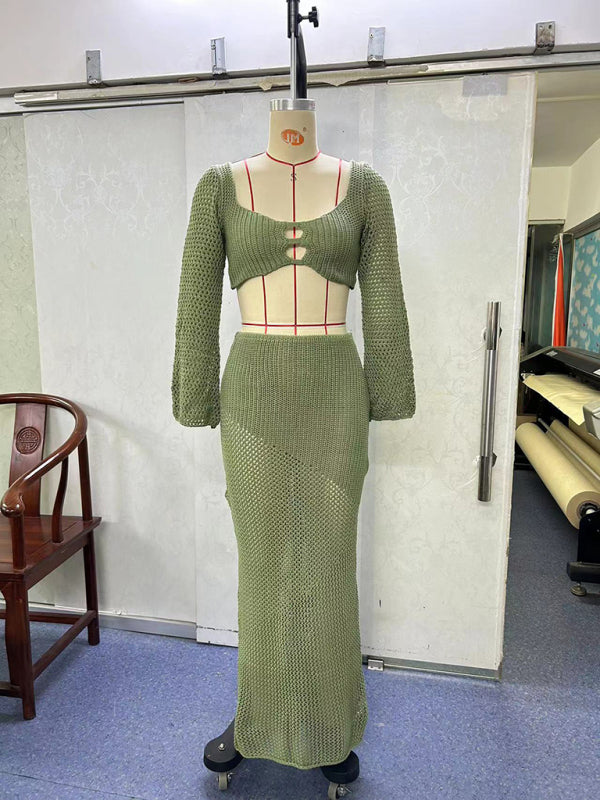 Tie Front Long Sleeve Crop & Maxi Skirt Set