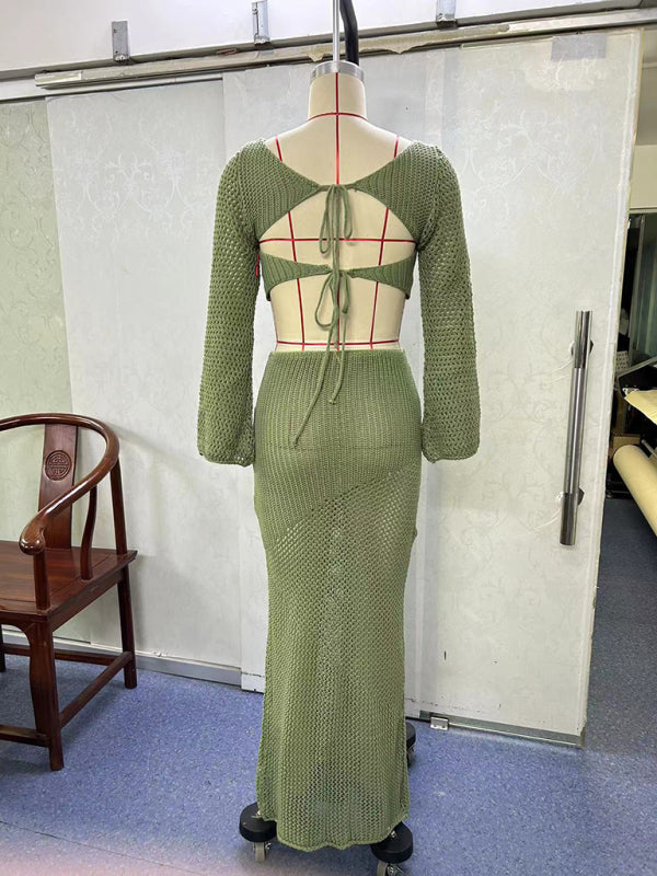Tie Front Long Sleeve Crop & Maxi Skirt Set