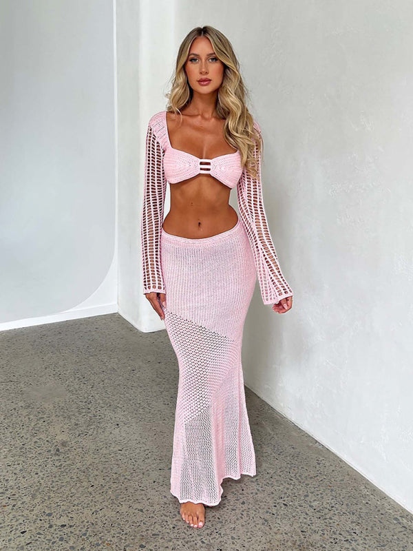 Tie Front Long Sleeve Crop & Maxi Skirt Set
