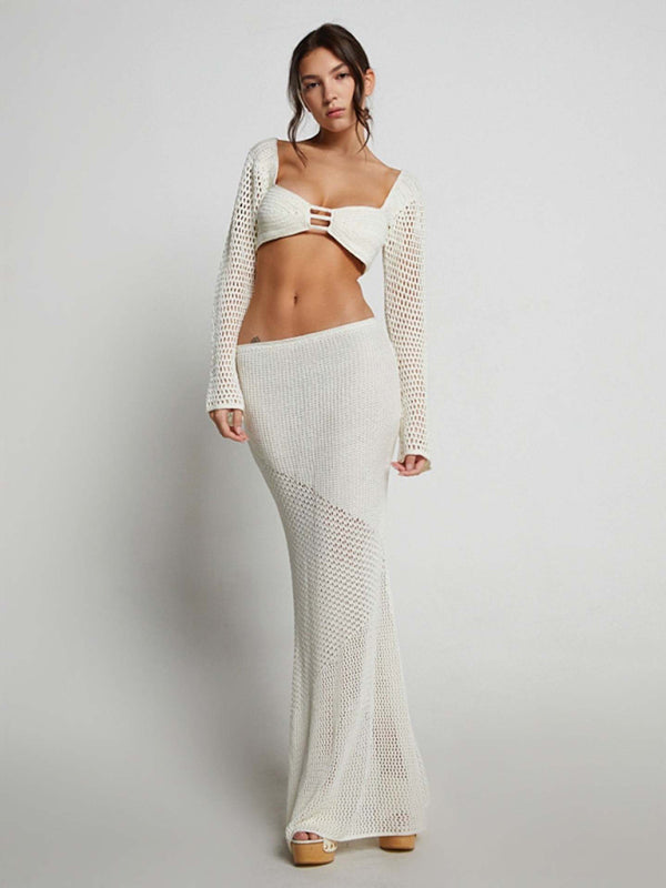 Tie Front Long Sleeve Crop & Maxi Skirt Set