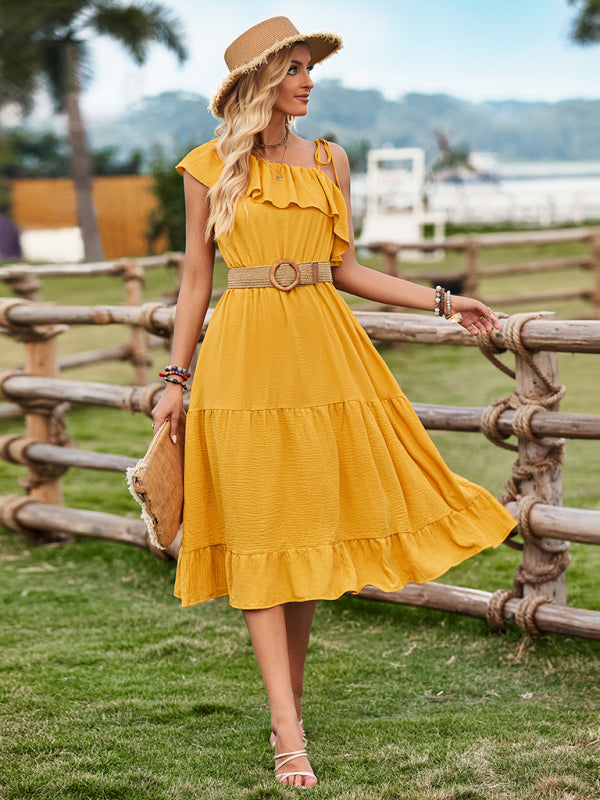 One-shoulder Solid Color Ruffled Waist Dress