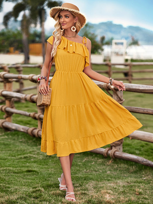 One-shoulder Solid Color Ruffled Waist Dress