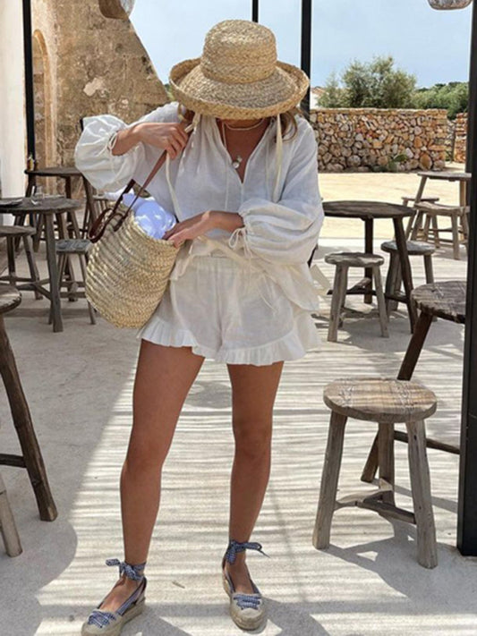 Long Sleeve Top with High waist Shorts Set