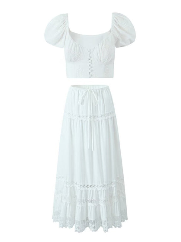 French Square Neck Embroidered Puff Sleeve top with Maxi Skirt