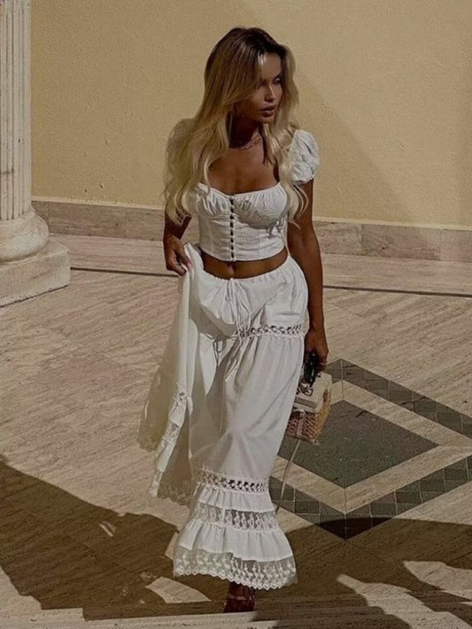 French Square Neck Embroidered Puff Sleeve top with Maxi Skirt