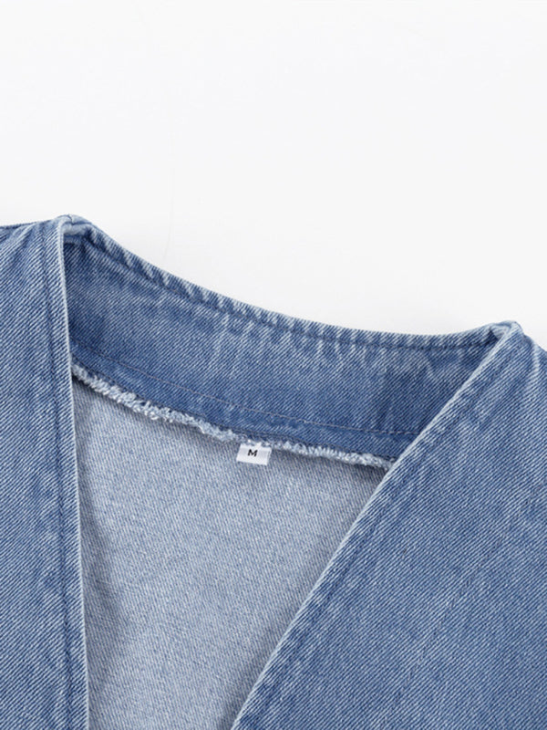 V-neck long-sleeved denim high-waist dress