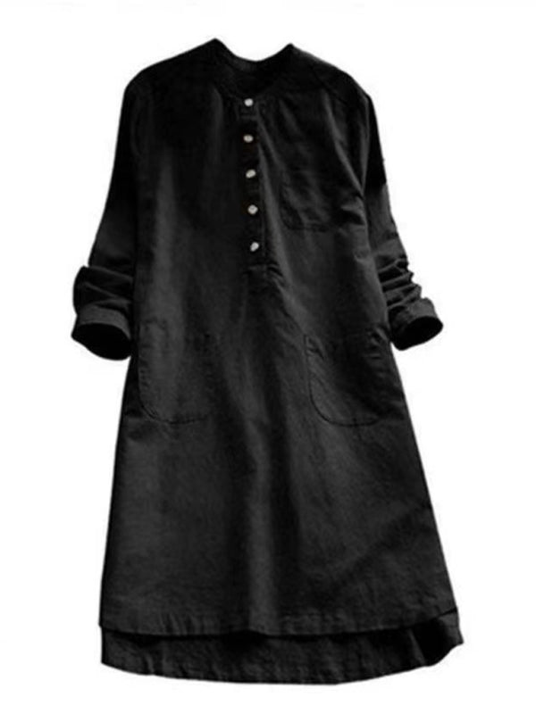 Henley Collar Button Open Long Sleeve Shirt Style Midi Dress