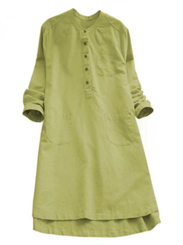 Henley Collar Button Open Long Sleeve Shirt Style Midi Dress