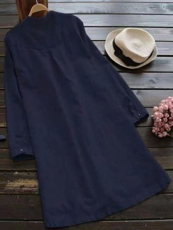 Henley Collar Button Open Long Sleeve Shirt Style Midi Dress