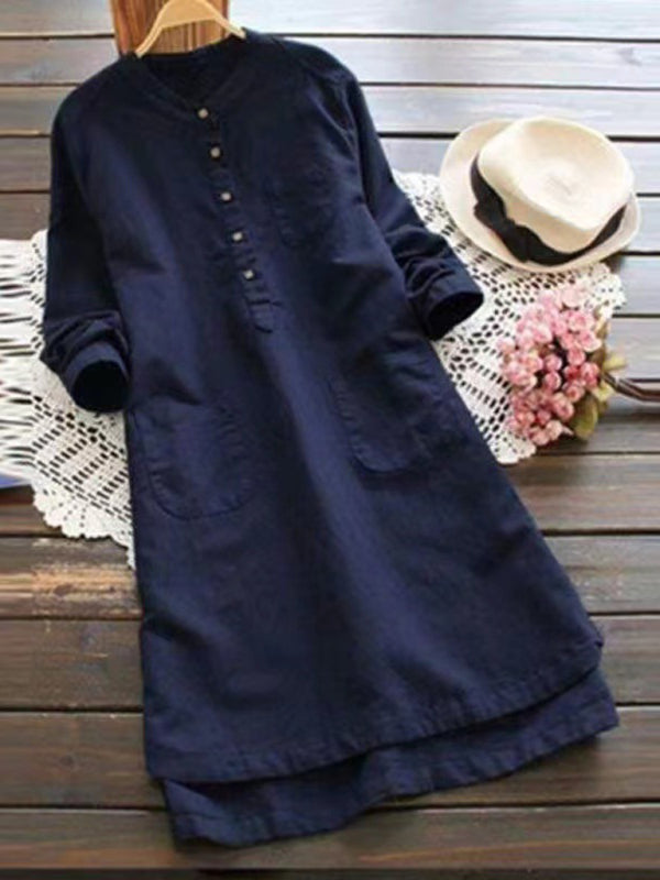 Henley Collar Button Open Long Sleeve Shirt Style Midi Dress