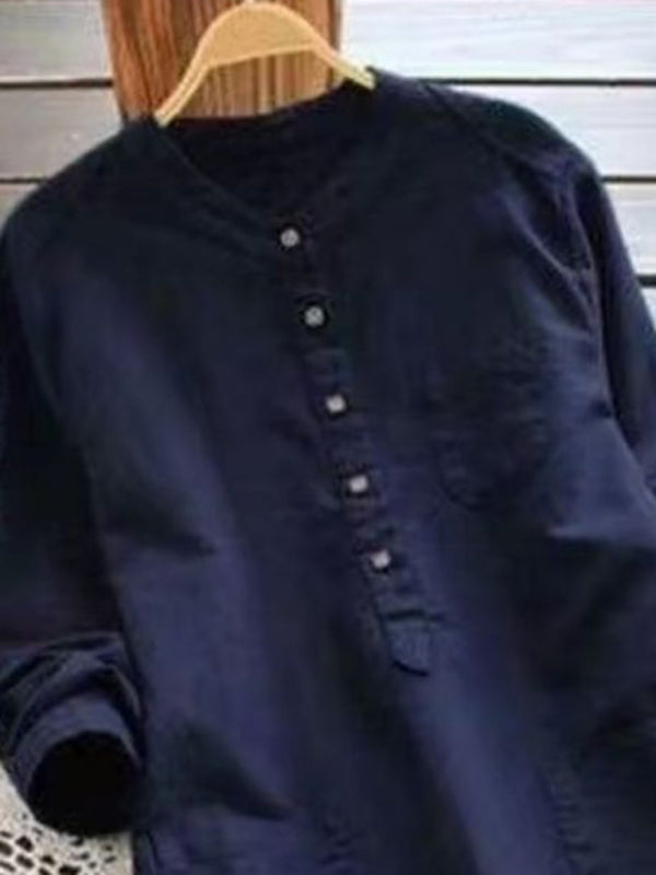 Henley Collar Button Open Long Sleeve Shirt Style Midi Dress