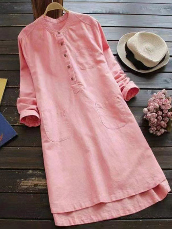 Henley Collar Button Open Long Sleeve Shirt Style Midi Dress
