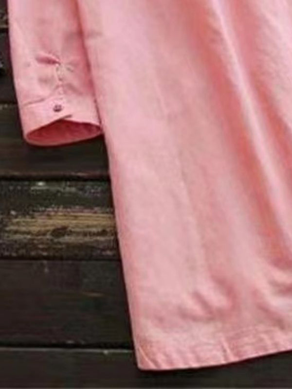 Henley Collar Button Open Long Sleeve Shirt Style Midi Dress