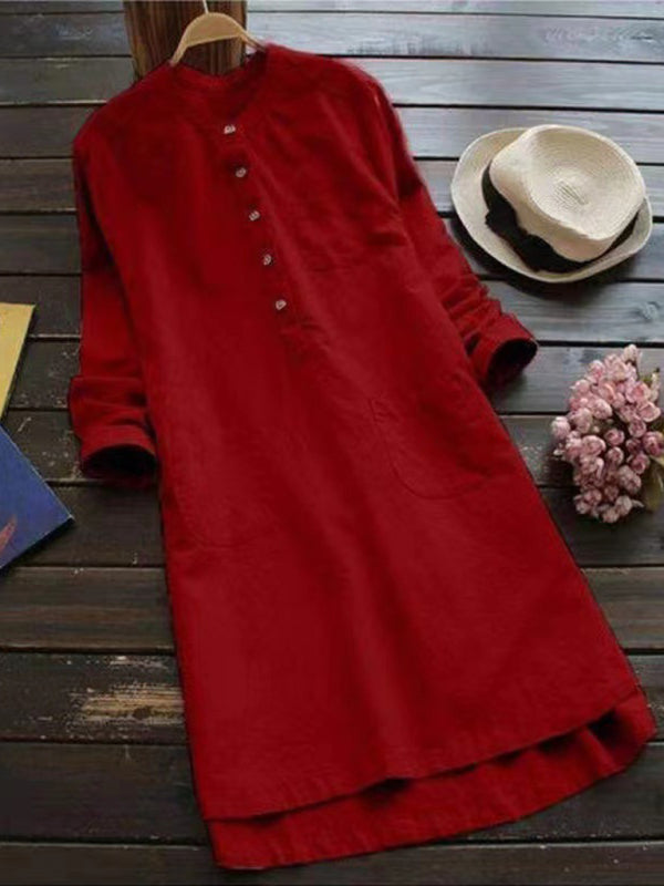 Henley Collar Button Open Long Sleeve Shirt Style Midi Dress