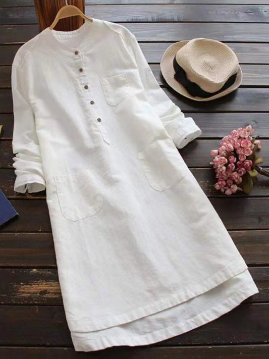 Henley Collar Button Open Long Sleeve Shirt Style Midi Dress