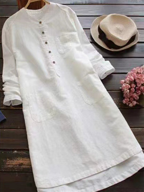 Henley Collar Button Open Long Sleeve Shirt Style Midi Dress
