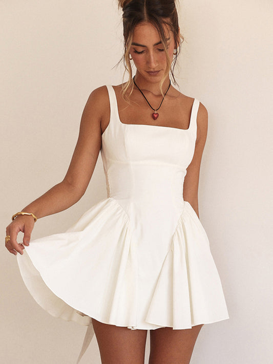 Women's Sexy Backless Spliced Strap Short Girly Style Ruffle Dress