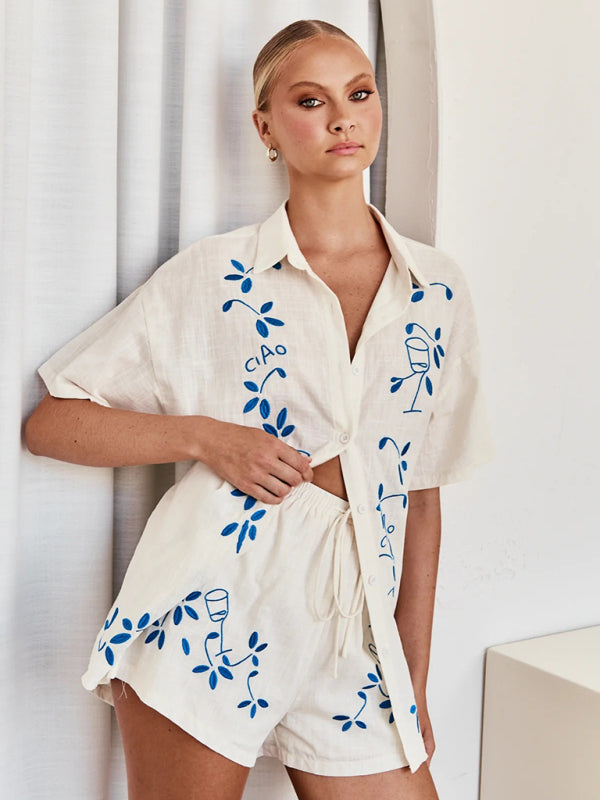 New 3D Embroidered Casual Shirt + Shorts Set