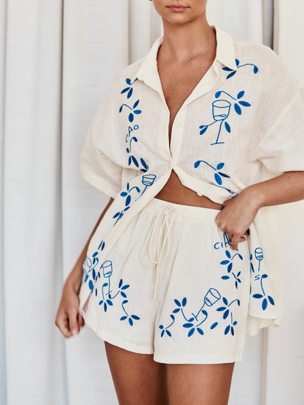New 3D Embroidered Casual Shirt + Shorts Set