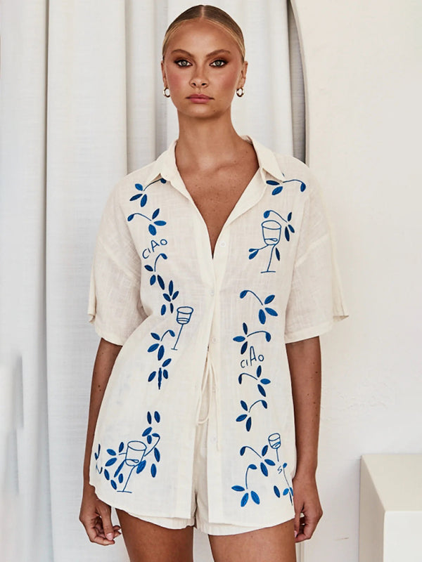 New 3D Embroidered Casual Shirt + Shorts Set