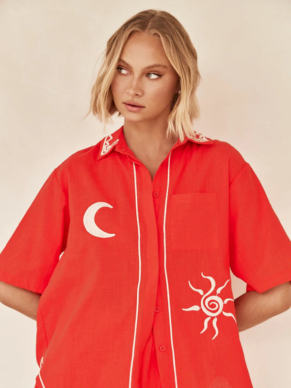 New 3D Embroidered Casual Shirt + Shorts Set