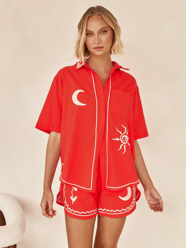 New 3D Embroidered Casual Shirt + Shorts Set