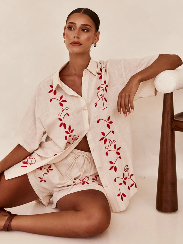 New 3D Embroidered Casual Shirt + Shorts Set