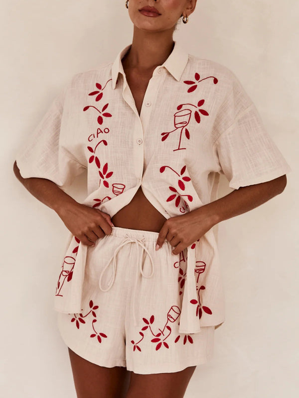 New 3D Embroidered Casual Shirt + Shorts Set