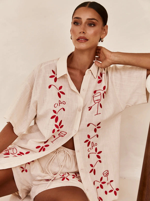 New 3D Embroidered Casual Shirt + Shorts Set